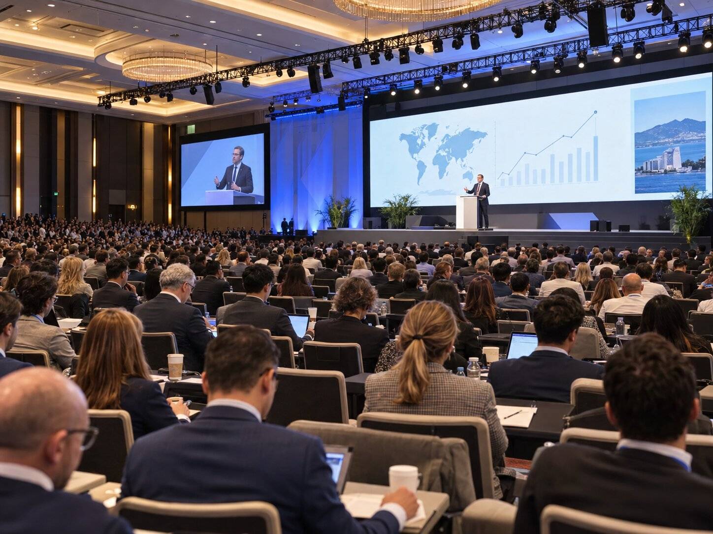 A conference being held in a room