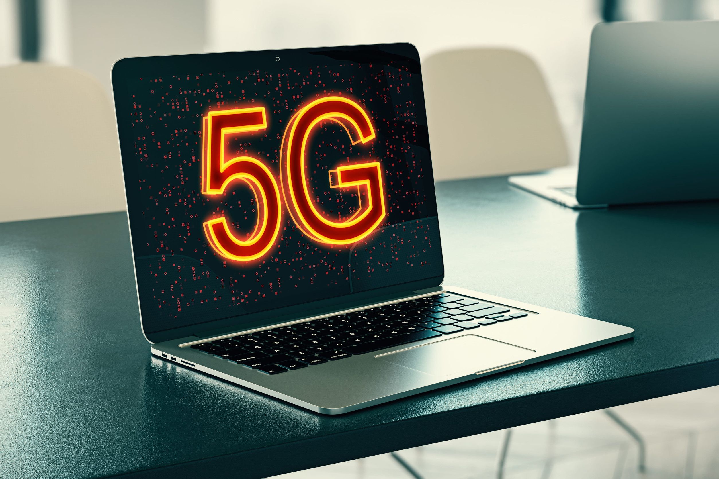 A Laptop showcasing the words 5G on its screen