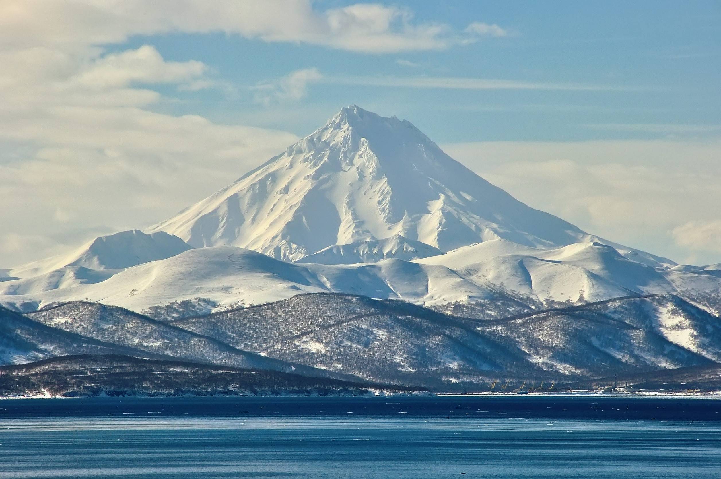 A snowy volcano in the Kamchatka Peninsula in Russia