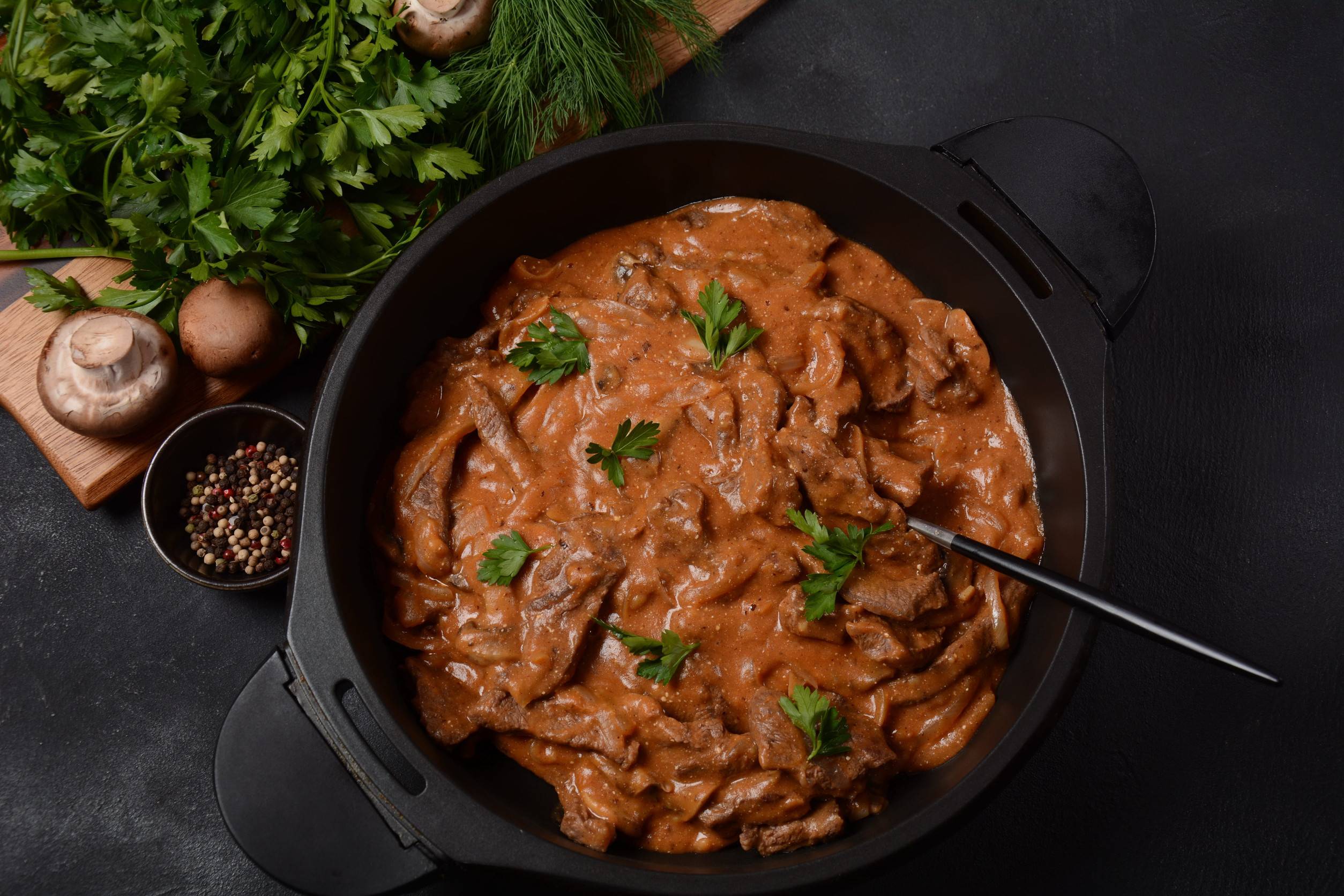 Beef Stroganoff being made in a pot