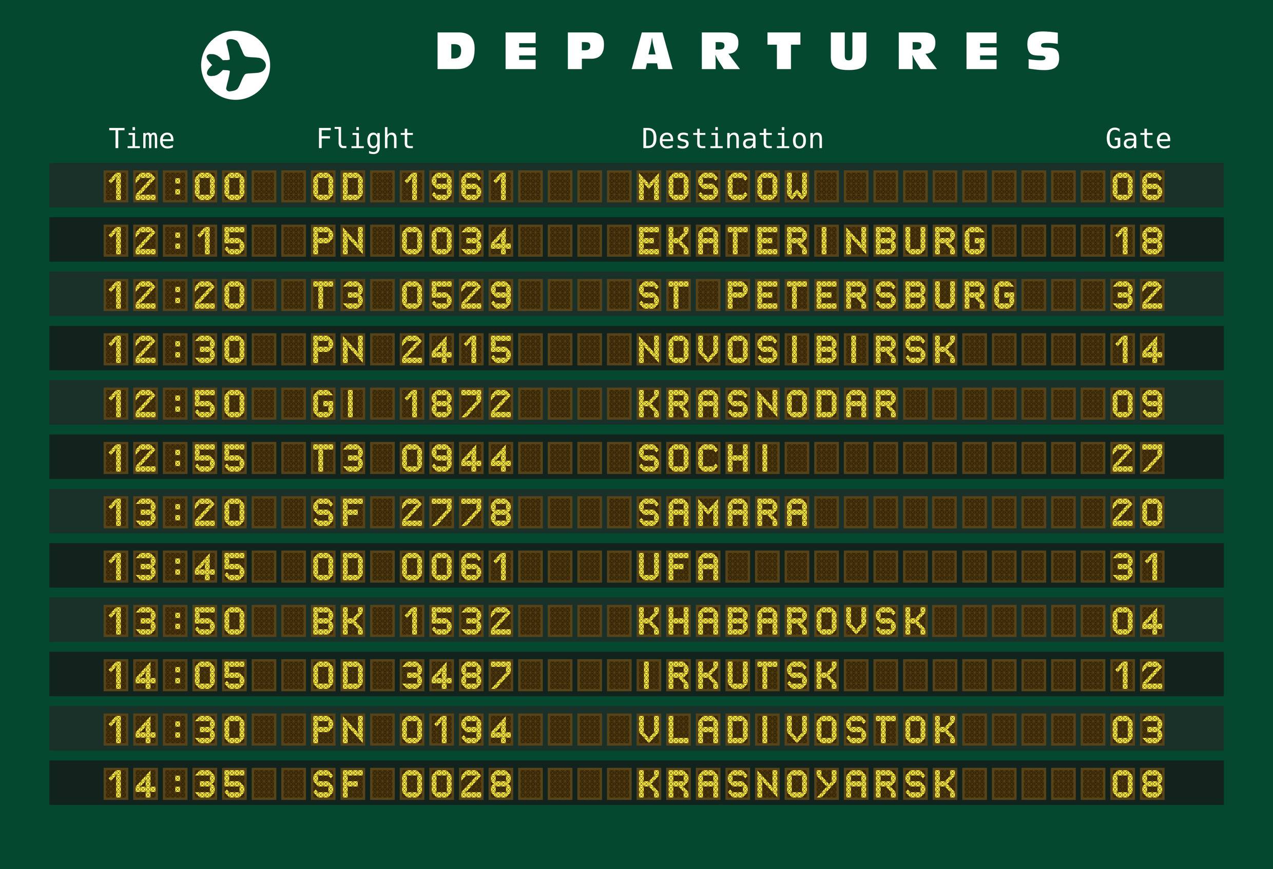Departure board with destination airports in Russia, including Moscow, Ekaterinburg, and St. Petersburg Departure board with destination airports in Russia, including Moscow, Ekaterinburg, and St. Petersburg