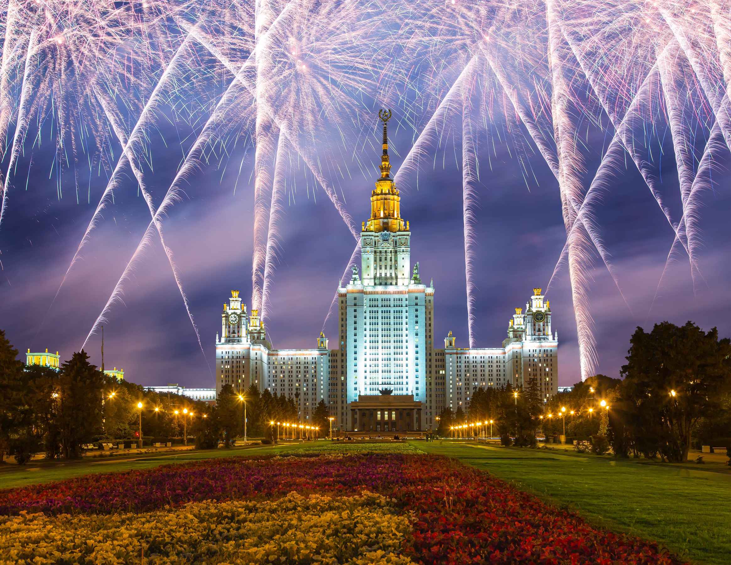 Fireworks happening outside the Lomonosov Moscow State University