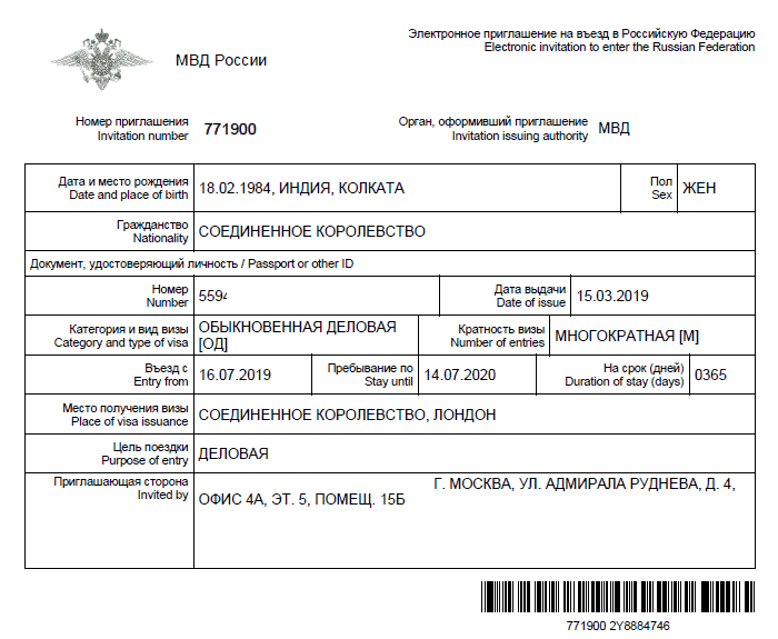 Russia Business E Visa Sample